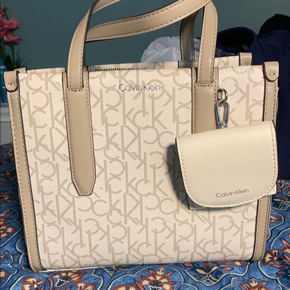 Calvin Klein Cream and Tan Tote Bag with Monogram Print